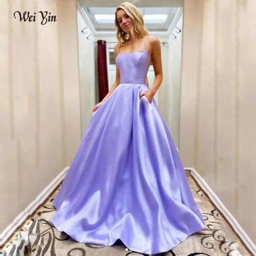 Weiyin AE0611 New Arrival Blue Long Prom Dresses Satin Gold Vestidos De Festa Sexy Evening Party Dress With Pocket