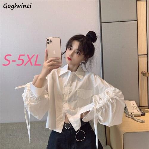Women White Shirts Lantern Sleeve Pleated Lace-up Girls Student Fashionable Design Trendy Short Tops Baggy 5XL Shirt Ins Chic