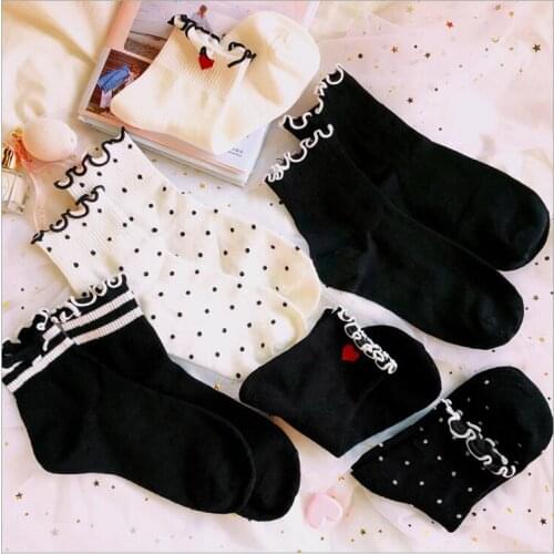 Women Solid Cotton Dots Hearts Striped Crew Socks Girls Lace Ruffles Short Socks Ankle Socks Autumn Winter Socks 8 Pairs/lot
