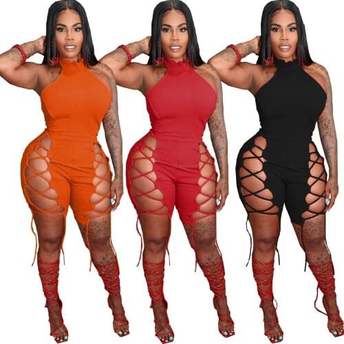 Sexy High Slit Bandage Playsuit Jumpsuit Women Casual Halter Sleeveless Biker Shorts Slim Bodycon Overall for Women Outfits