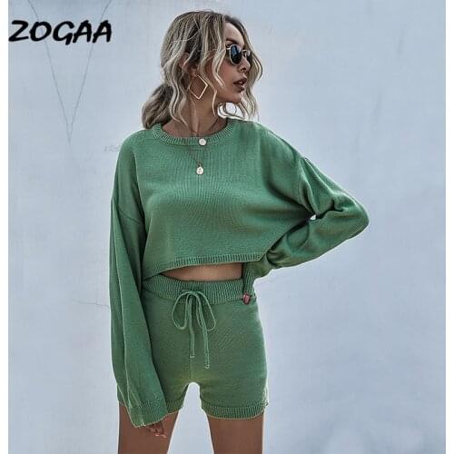 ZOGAA Sets Women Spring New Casual Fashion Sweater Suit Solid Color Long-sleeved Navel Simple Basic Hot Sale All-match Chic Girl