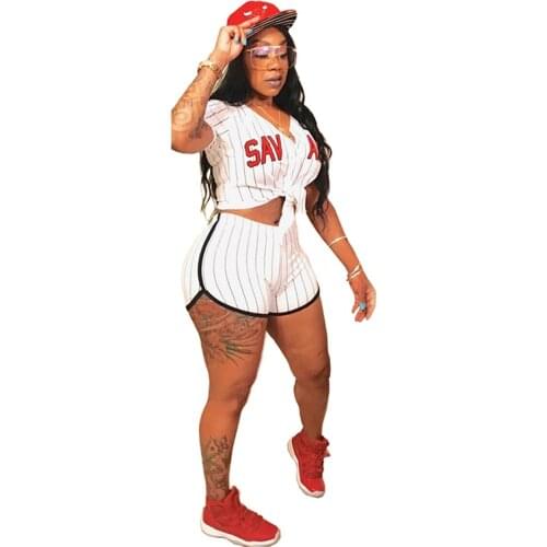 Summer Women Casual Stripe Tracksuit Clothing Set Letter Print Cropped T-Shirts + Shorts Plus Size Sweater 2 Pieces Baseball Set
