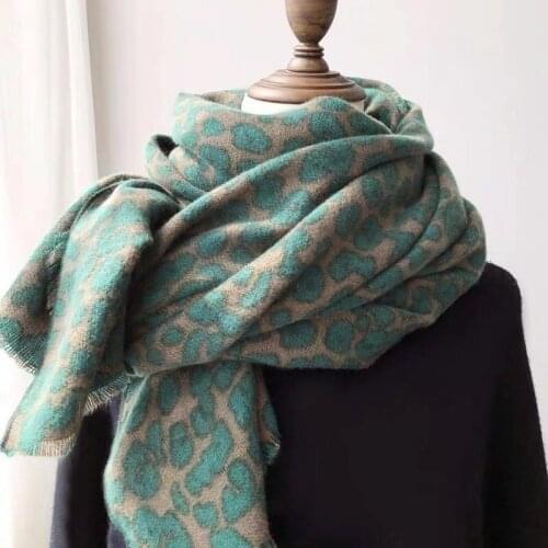 Foreign Style Avocado Green Womens Scarf. Korean Fashion Leopard Print Long and Thick Shawl In Winter. Scarf and Shawl