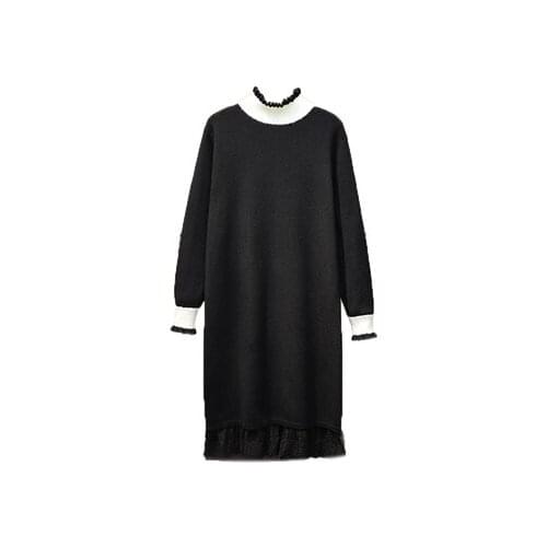 Plus Size Womens Fashion Dress Winter Half Turtleneck Sweater Loose Thin Knit Lace Hem Dress Solid Color Bell Sleeves A654