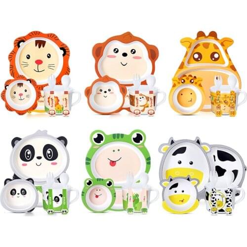 Baby Bamboo Bowl+Spoon+Fork Feeding Food Tableware Set Cartoon Aniaml Bee Kid Dishes Bamboo Feeding Bowl Dinner Plate