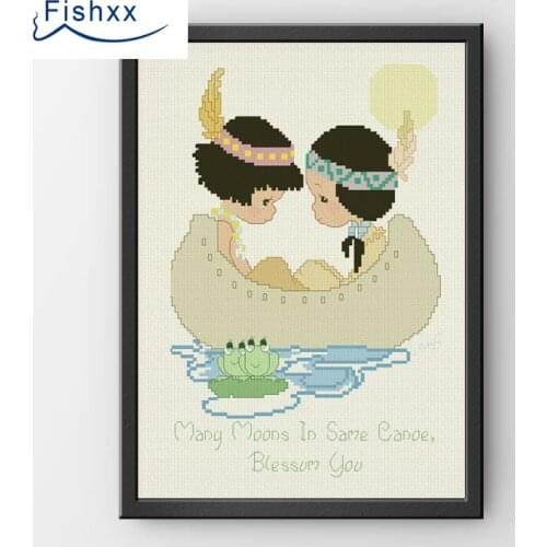 Fishxx Cross Stitch 14CT Kit European Style ChildrenS Bedroom Paintings H070 Two Indian Girls Boating On The Water