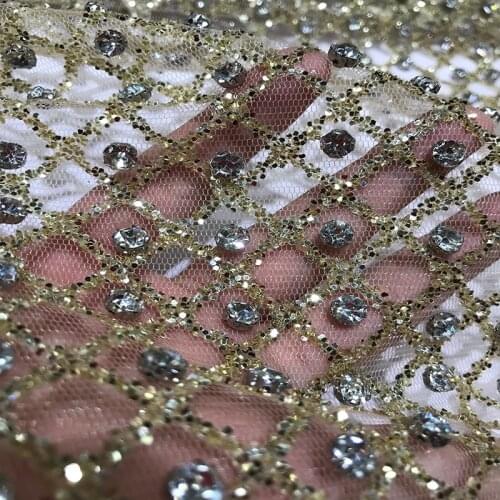 Champagne French Net Beaded Lace Fabric with Sequins Crystal Stones Nigeria Laces Hollow Out Luxury Design Mesh Tulle for Sewing