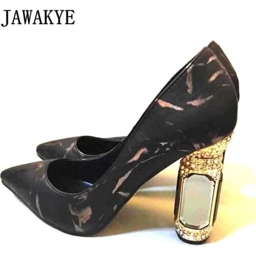 JAWAKYE High Heels Wedding Shoes Woman Gemstone Diamond Heels Pumps Women Point Toe Printed Black White Pink Party Shoes Women
