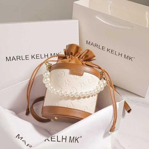 Mk Leather Embossed Hit Color Round Bucket Bag New Wild Chain Pearl Shoulder Messenger Portable Bucket Bag Female