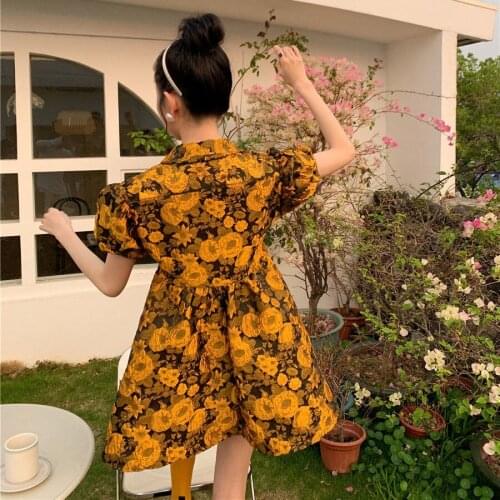 KoukiMa Summer Dress Short Jacquard Puff Sleeve Yellow Floral Print Mini Gold Elegant Dress Sweet Embossed Puff Vestidos Kawaii