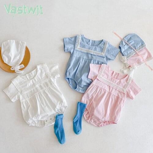 Summer Baby Girl Clothes Sailor Outfits Lace Rompers Short Sleeve Solid Color Newborn Infant Jumpsuits Clothing Toddler Bodysuit