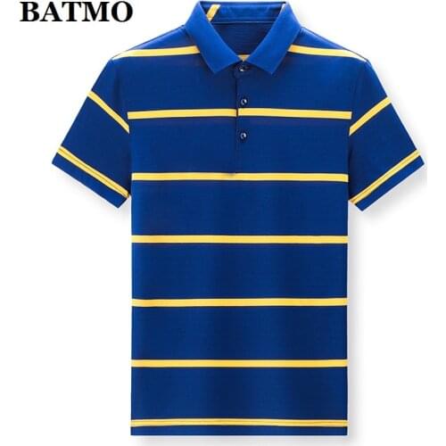 BATMO 2021 new arrival summer high quality silk polo-shirt mem,male Striped polos 3383