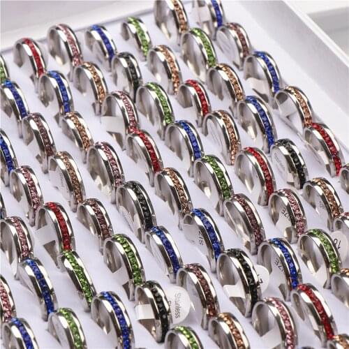Fashion 50pcs/lot Stainless Steel 6mm Multicolor Rhinestone Rings For Men Women Wedding Party Jewelry