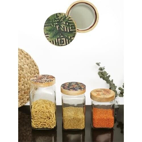 Dekolia Patterned Wooden Lid Glass Jar Set 3'lü-Storage Container-Spice