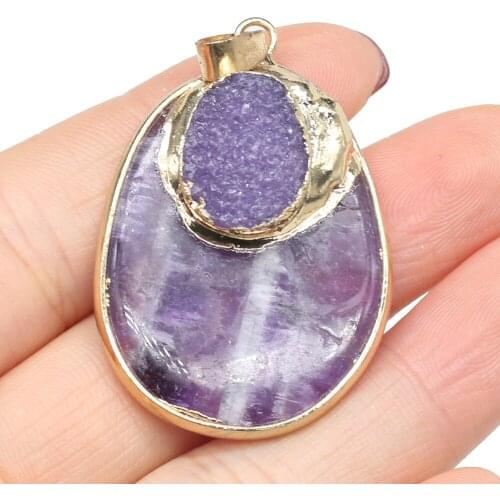 Natural Stone Pendant Oval Amethysts For Jewelry Making Charms DIY Women Necklace Bracelet Anklet Accessory 28 x 38 MM
