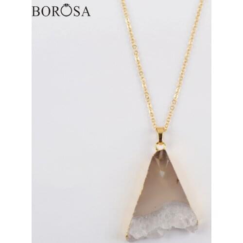 BOROSA 1/5Pcs Natural Agates Triangle Pendant Necklace for Women 18'' Natural Slice Copper Chain Necklace Party Jewelry G1961-N