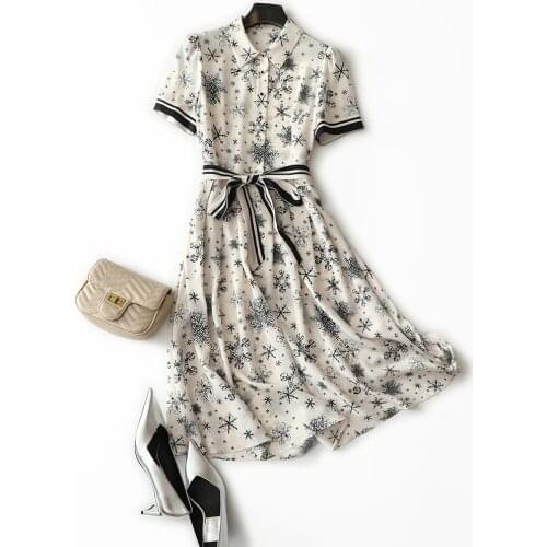 23MM 100% heavy silk dress waist 2021 new styles france snowflake pattern short sleeve