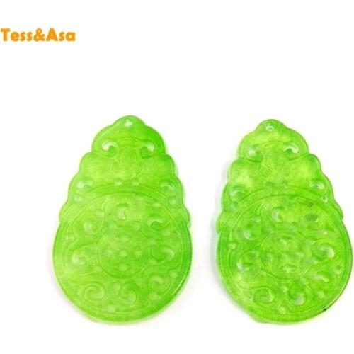 Natural Green Jade Slice Earrings Pendant Necklace Carved Flower Hollowed-Out Work Chinese Style Jewelry Amulet For Women Making