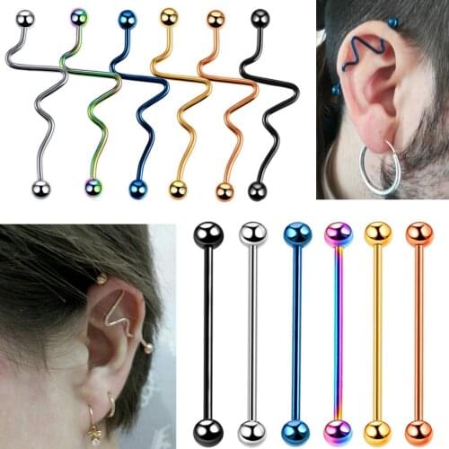 6PCS Steel Twist Industrial Barbell Earrings Piercing Orelha Ear Scaffold Piercing Long Cartilage Bar Earrings Body Jewelry 14G