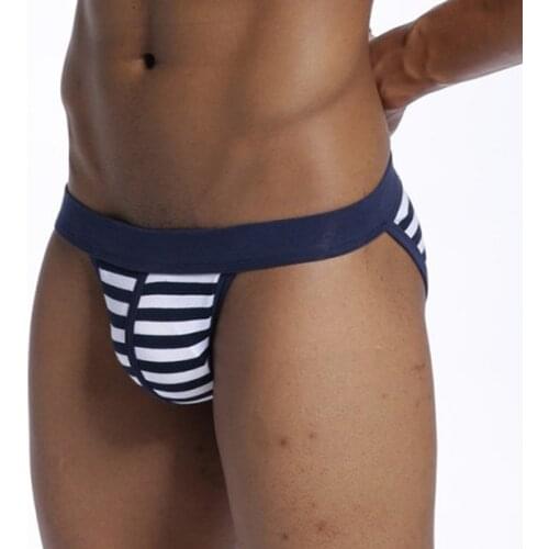Men Briefs Sexy Low Waist High-fork Bikini Panties High Quality Cotton Breathable Underwear Men T Pants Navy Striped Underpants