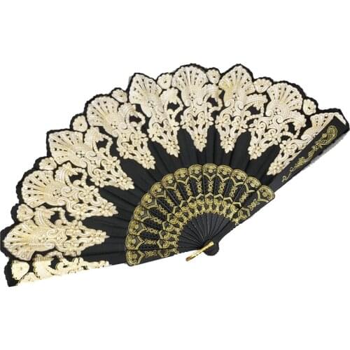 Vintage Chinese Ethnic Style Dance Party Wedding Golden Tone Hand Held Flower Folding Fan
