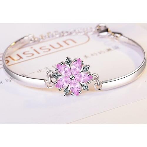 Japanese Trend Silver Plated Pink CZ Crystal Cherry Blossoms Flower Women Bracelets AAA Zircon Fashion Bracelet Jewelry Gift