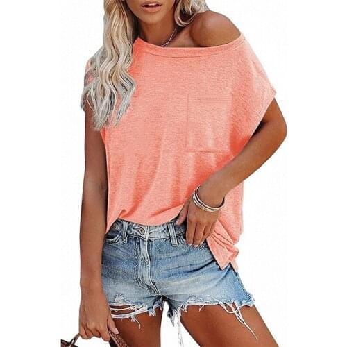 2021 Women T-shirts Summer Fashion Solid Color One Off Shoulder Tops With Pocket Short Sleeve Females Basic T-shirt