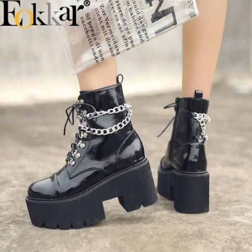 EOKKAR 2021 Women Gothic Ankle Boots Patent Leather Punk Boots Platform Combat Boots Gothic Platform Boots Black Ankle Boot