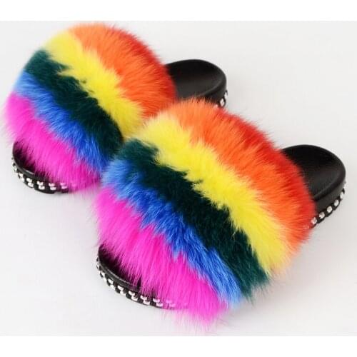 Spring/Summer Women‘s Fur Slippers Real Raccoon Fox Fur Cute Plush Flat Sandals Fur Anti-Slip Home Shoes Skateboard Shoes TX42