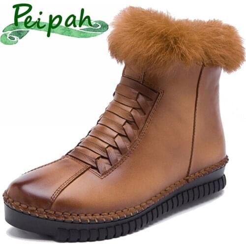 PEIPAH Women Snow Boots Winter Genuine Leather Ankle Boots For Woman Retro Zip Warm Pluch Flat Winter Shoes Female Boots