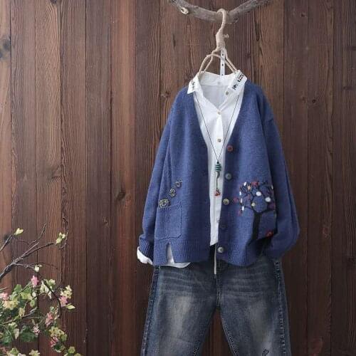 Womens Long-Sleeve Knitted Cardigan Literary Jacquard V-Neck Sweater Coat 2020 Spring Autumn New Loose Casual Top Clothing