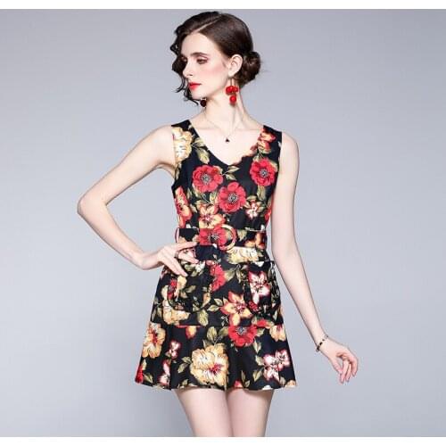 Women Summer Designer Elegant Print Sexy Slim V Neck Pocket Cocktail Party Robe Female Vintage Sleeveless Mini Dress Vestidos