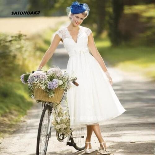 2020 Vintage Lace Short Country Wedding Dress Cap Sleeve Tea Length Beach Sexy V Neck Bridal Gowns Vestido De Novia Online Shop