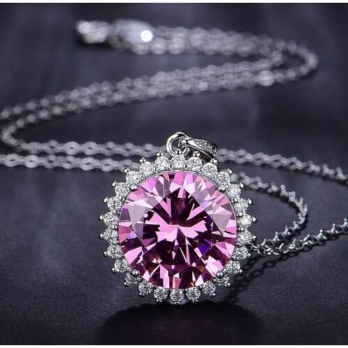 10 Carats Big Luxury Pink Crystal Zircon Diamonds Gemstones Pendant Necklaces for Women White Gold Silver Color Jewelry Bijoux