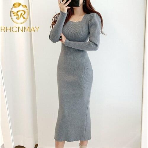 New Chic Puff Sleeve Autumn Office Style Lady 2021 Promotion Gray Women Dresses Knit High Waist Elegant Split Fashionable Dress