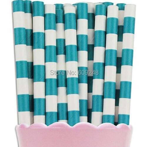 100pcs Mixed Colors Teal Blue Ring Circle Sailor Stripe Paper Straws Bulk,Dark Aqua Circle Rugby Striped Cake Pop Sticks,Party