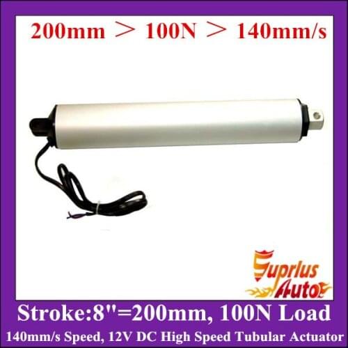 12V 8" (200mm) Stroke - 100N/ 22LBS Load Rating Linear Actuator, 140mm/s High Speed Tubular Actuator