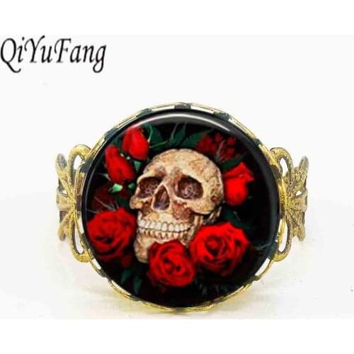 2018 New Trendy Rose Skull black Vintage Round Ring Personality Flower Jewelry Glass Cabochon Rings for men steampunk women xmas