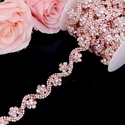 5yards/lot Rose Gold Crystal Wedding Dress Belt Bridal Cup Chain Trim Flower shape Rhinestone Trim Sew on Garments DIY Crafts