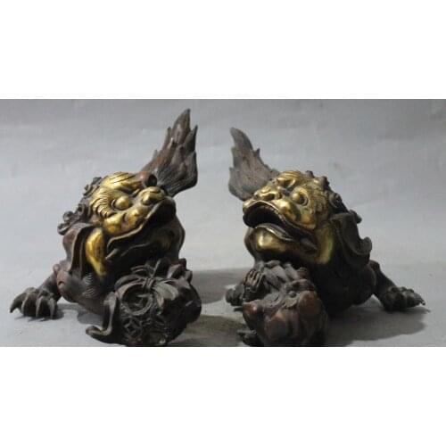 Free shipping 12" Bronze Gilt Guardian Phylactery Foo Fu Dog Lion Lion Kid Ball Pair Statue