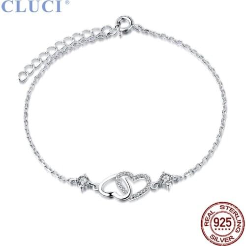 CLUCI Silver 925 Pendant Necklace Adjustable Chain Length Women 925 Sterling Silver Double Heart Bracelet Jewelry DB002SB