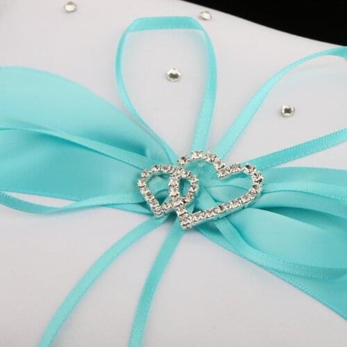 Double-Heart Rhinestone Satin Wedding Ring Pillow Cushion Bearer 20 x 20cm White