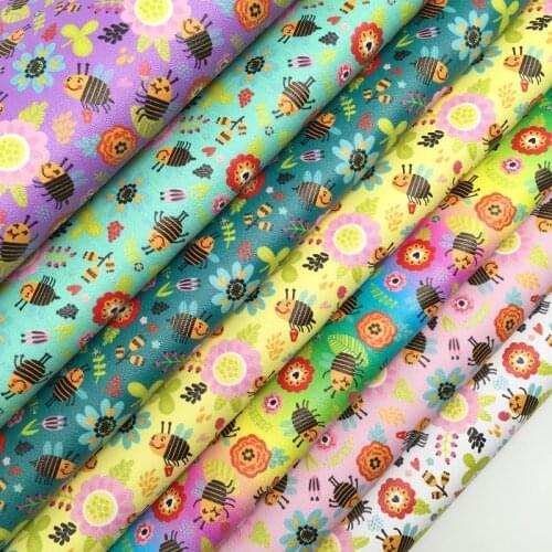 LEOsyntheticoDIY BEES FLOWERS SUNS Printed Synthetic Faux Leather Vinyl Fabric Sheets Felt Backing For DIY Bows 21X29CM R099