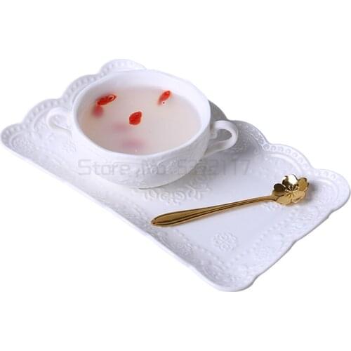 Ceramic Soup Bowl Japanese Salad Bowl Dessert Soup Bowl with Saucer Breakfast Tableware Students Instant Oat Bowl with Handle