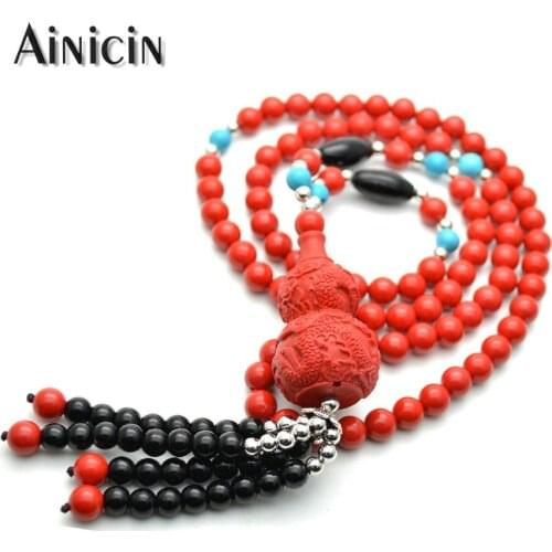 Chinese Dragon On Calabash Black Bead Tassel Pendant Necklace 30'' Fashion Women Sweater Chain Jewelry 5pcs/lot