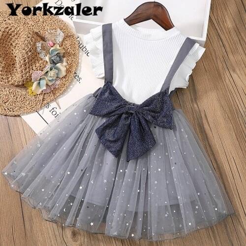 Girls Clothing Set Baby Girls White T Shirt and Big Bownot Overall Skirt for Kids Children 2 Piece Sets Sequins Tutu Skirt