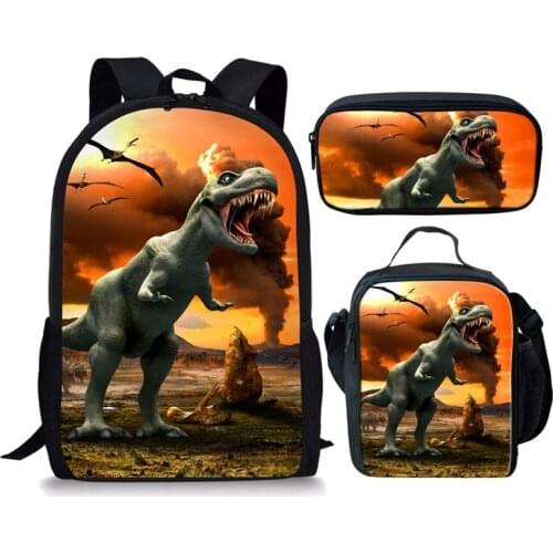 Cool T-rex Dinosaur School Bags Set Bookbags for Teenage Boys 3pcs Primary Backpack with Lunch Box Pencil Bags