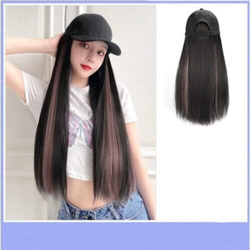 Fashion Hat Patchwork Cool Light Color Fake Hair Ladies Baseball Cap Women Casual Sun Hat Pick Ear Dye Cap Long Straight Hair