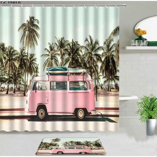Retro Camper Bus Shower Curtains Set Summer Holiday Palm Tree Bath Mats Bathroom Rugs Screen Room Decor Carpet Entrance Door Mat