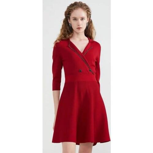 2021 early spring new high-quality suit collar five-point sleeves waist slimming knitted dress womens clothing